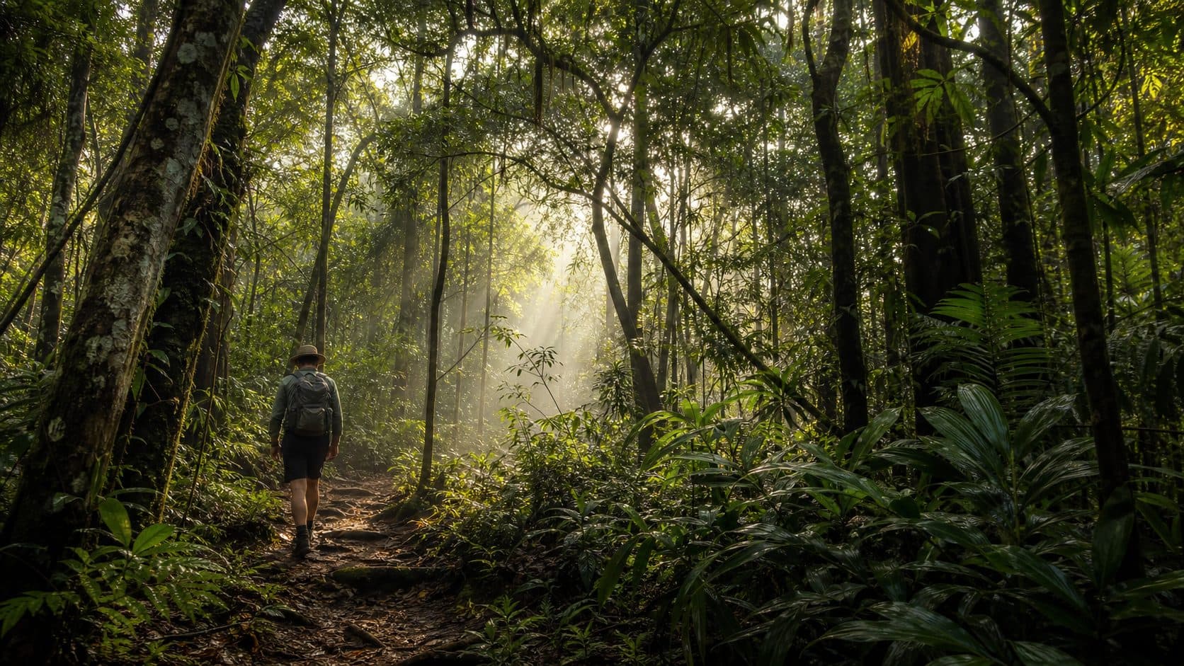 Concept image of a traveler on a sunlit rainforest path