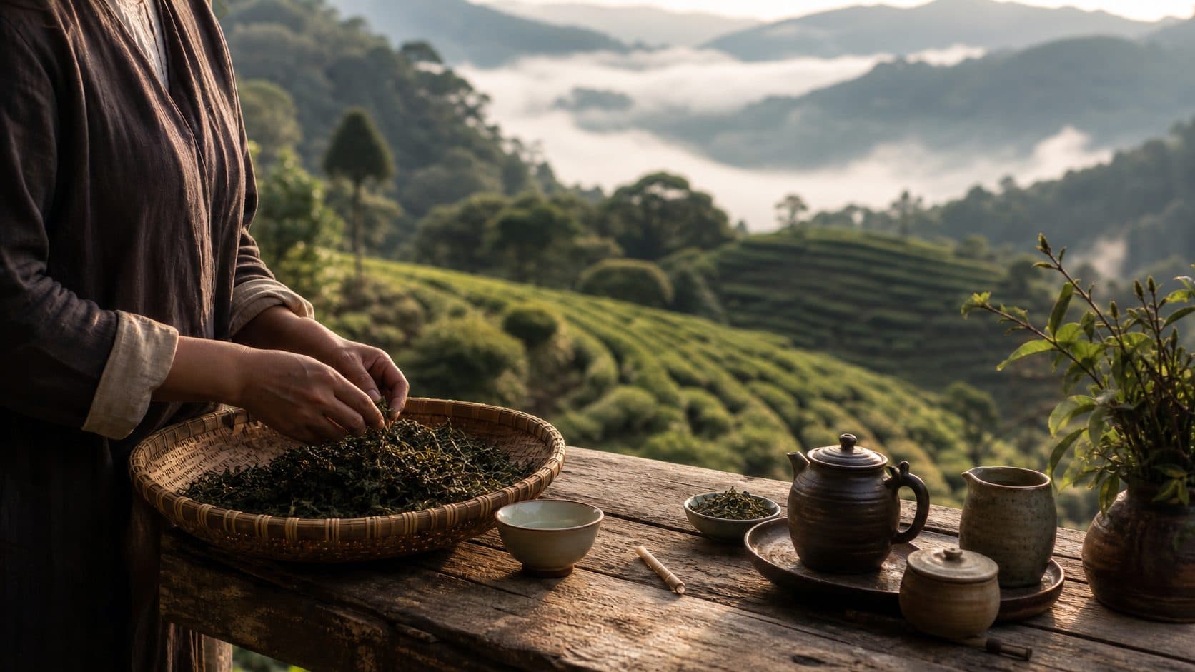 Concept image of tea preparation overlooking misty hills